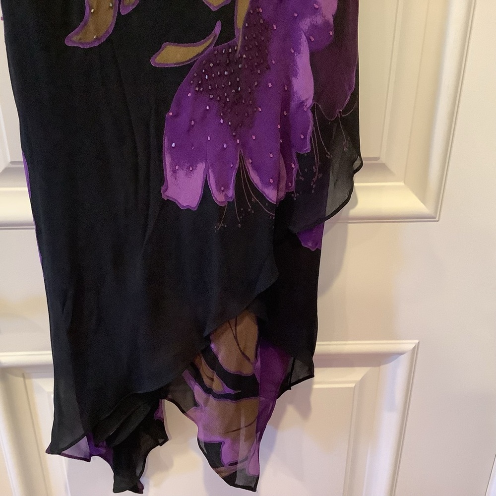 Vtg Black Purple Floral Midi Dress Size 14 Handkerchief Hem Fairy Whimsygoth - Picture 4 of 16